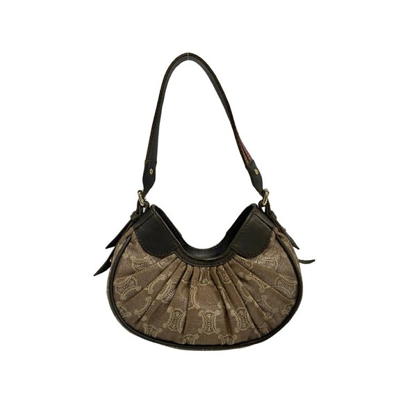 CELINE Triomphe Logo Leather Canvas Handbag Mini Tote Bag Brown 104-3 - Picture 1 of 8